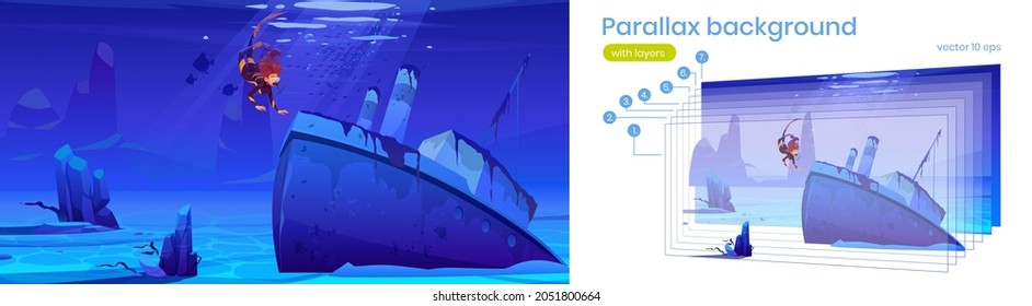 Woman scuba diver with mask and sunken ship under water in sea or ocean. Vector parallax background with layers of cartoon underwater landscape with girl in diving suit and shipwrecked steamboat