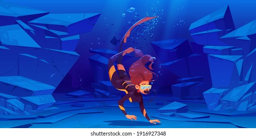 Woman scuba diver with mask swims under water in sea or ocean. Vector cartoon illustration of underwater landscape with stones, fishes and girl in diving suit with aqualung