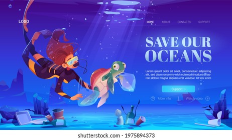 Woman Scuba Diver With Turtle In Plastic Bag Underwater In Sea. Ocean Pollution By Trash, Global Littering. Save Our Oceans. Vector Landing Page With Cartoon Illustration Of Garbage On Sea Floor