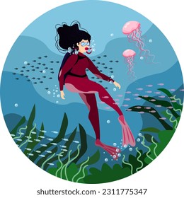 Woman with scuba diving in ocean, illustration