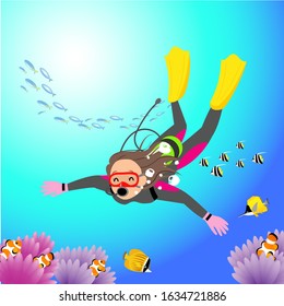 Woman scuba diving in the southern sea