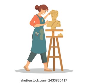 Woman Sculptor Making Statue. Artisan Female Character Vector Illustration. Isolated On White.