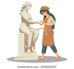 Woman Sculptor Making Statue. Artisan Female Character Vector Illustration. Isolated On White.