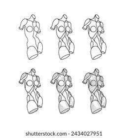 Woman sculpture body set, mannequin, overalls dress logo design, workshop, continuous line drawing, studio, tattoo, tailor, sewing salon, atelier, fashion shop, silhouette one single line, isolated