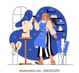 Woman with sculpture. Young girl with hammer processes bust. Art and creativity in workshop. Sculpting and handwork. Female sculptor making statue. Cartoon flat vector illustration