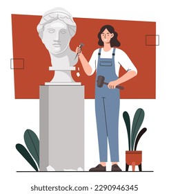 Mujer con escultura. Joven con martillo y cincel hizo estatua al estilo medieval. Creatividad y arte. Galería y exposición en el museo. Dibujo vectorial plano de dibujos animados