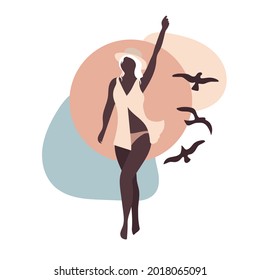 Woman and sea and birds - abstraction in beige. Hand drawn illustration of girl in hat. Creative abstract artwork. Template for postcard, poster