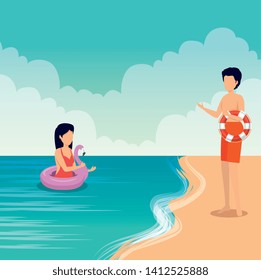 woman in the sea with flamish float and man wearing swimsuit