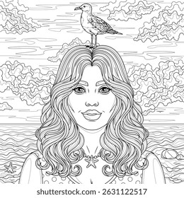 A woman with a seagull on her head on the beach.Coloring book antistress for children and adults. Illustration isolated on white background.Zen-tangle style. Hand draw