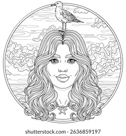 A woman with a seagull on her head on the beach in a round frame .Coloring book antistress for children and adults. Illustration isolated on white background.Zen-tangle style. Hand draw