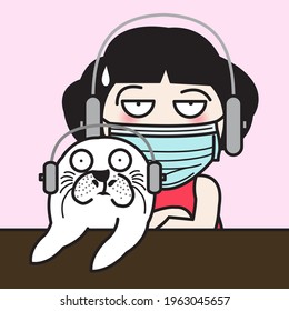 Woman With Seal Attending Online Video Meeting At Home. Looking After Pet During Lockdown Concept Card Character illustration
