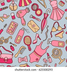 Woman. Seamless pattern. Doodle and cartoon style. Colorful