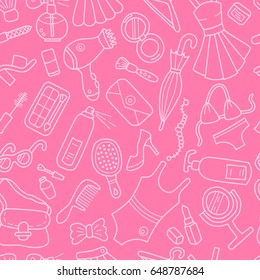 Woman. Seamless pattern. Doodle and cartoon style. Pink