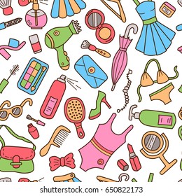 Woman. Seamless pattern. Doodle and cartoon style. Colorful	
