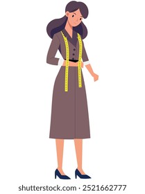 woman, seamstress illustration, flat style, with brown dress