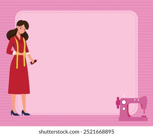 woman, seamstress illustration, flat style, with sewing machine and fabric, for designer backgrounds