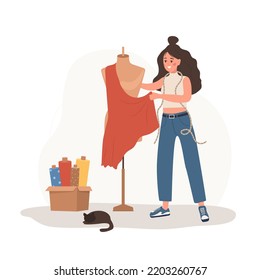 Woman seamstress at mannequin takes measurements. Young female tailor create clothes in studio. Fashion designer or dressmaker. Vector illustration in flat cartoon style. Hobby concept.