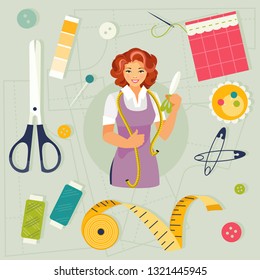 Woman seamstress and a set of sewing supplies. Vector illustration