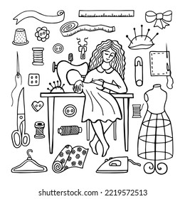 Woman seamstress and sewing accessories. Black and white drawing in doodle style