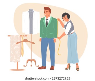 Woman seamstress taking measurement of man client vector illustration. Clothing design, process of sewing and tailoring at fashion workshop studio concept