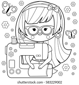 Woman seamstress using her sewing machine. Vector black and white coloring page.