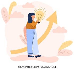 A woman in search of a brilliant idea stands holding a light bulb in her hand. The concept of finding ideas, a light bulb as a symbol of solving problems. Vector illustration