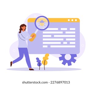 Woman search bug . Debugging firewall. Antivirus scanning. Malware fixing. Virus attack, trojan search, bugs detection. System protection. Threat diagnostic. Crash tester. Vector illustration