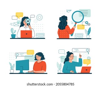 Woman Search A File Using Magnifying Glass Or Loupe. Concept Of Quick Easy Document Search, System Information Or Data Organization In Computer. Employee, Job And Candidate Search. Vector Illustration