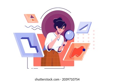 Woman in search with magnifying glass vector illustration. Search for opportunities, look into future flat style. Explore, research concept