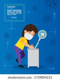 woman searching 2019 ncov information online in laptop computer vector illustration design