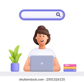 Mujer que busca navegando por Internet con la barra de búsqueda en un ordenador portátil. Búsqueda en línea, SEO, concepto de navegación en línea. Ilustración de personajes de personas de Vector 3D. Estilo minimalista de dibujos animados.