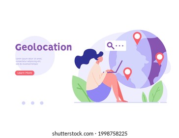 Woman searching and marking a place on the map. Concept of geolocation, gps navigation, online map, gps pin, correct way. Vector illustration in flat design for mobile app, ui, web banner