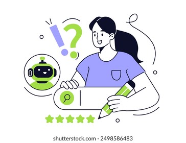 Mujer que busca en el Internet usando el bot del chat de la IA. Tecnología de búsqueda de IA. Inteligencia artificial en el concepto de negocio. Ilustración vectorial.