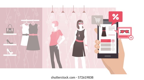 Woman searching products and discounts using an augmented reality app on her smartphone, shopping and innovative technology concept