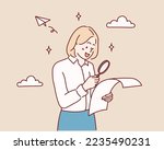 woman searching for something, looking left through magnifying glass and smiling pleased, investigating. Hand drawn style vector design illustrations.