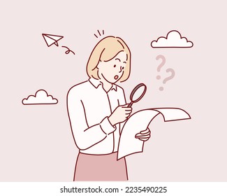 woman searching for something, looking left through magnifying glass and smiling pleased, investigating. Hand drawn style vector design illustrations.