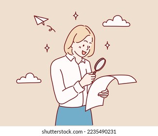 woman searching for something, looking left through magnifying glass and smiling pleased, investigating. Hand drawn style vector design illustrations.