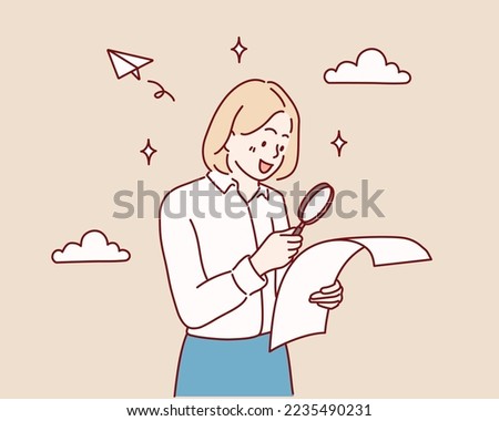 woman searching for something, looking left through magnifying glass and smiling pleased, investigating. Hand drawn style vector design illustrations.