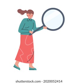 Woman Searching Untruth Information through Magnifying Glass, Fake News, Disinformation Cartoon Vector Illustration