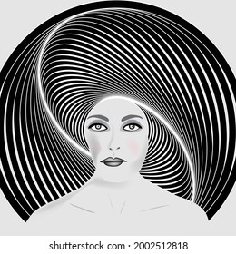 A woman sears a  hat with a twisty pattern in an op art style illustration.