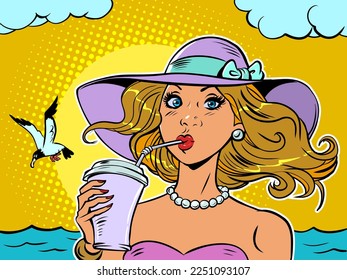 woman at seaside resort drinking tropical cocktail cool drink, sea and seagulls