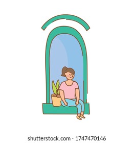 woman seated in apartment window with houseplant for quarantine free form style vector illustration design
