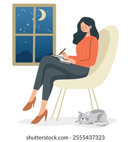 Woman seated by a window, writing in a notebook with a cat sleeping nearby at night, vector illustration.