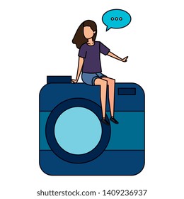 woman seated in camera with speech bubble