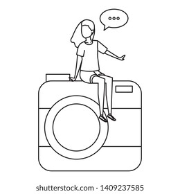 woman seated in camera with speech bubble