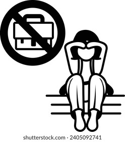 A woman seated at a desk, cradling her head in despair, reflects the scarcity of job opportunities during a recession concept vector icon design, Unemployment symbol, Economic stagnation sign,