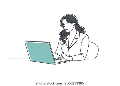 Mujer sentada en un escritorio, trabajando en una computadora portátil mientras sostiene un bolígrafo, enfocada en su tarea garabatea la Ilustración vectorial de arte de línea continua sobre fondo blanco