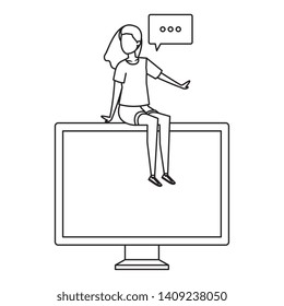 woman seated in desktop with speech bubble