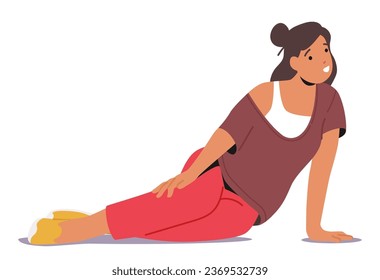 Woman Seated Gracefully On The Floor, Her Posture Serene And Contemplative, Surrounded By An Aura Of Tranquility And Inner Strength. Female Character Relaxing. Cartoon People Vector Illustration