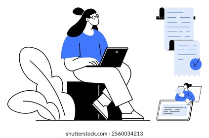 Woman seated with laptop, document with checklist, and smaller figure with tablet. Ideal for remote work, productivity, business solutions, digital planning, and office environment. Minimalist modern